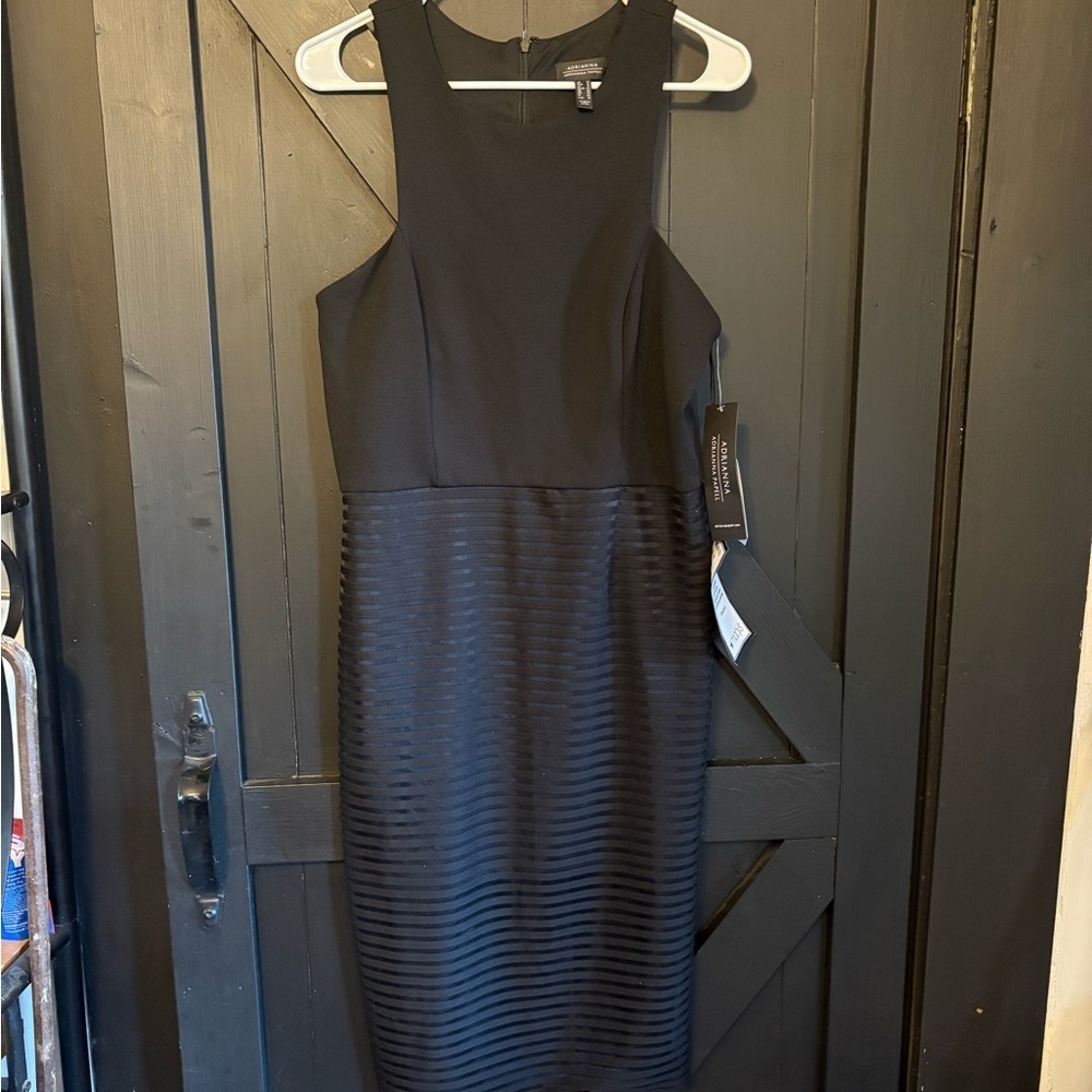Adrianna Papell Black Sleeveless Midi Dress with Textured Stripe Skirt